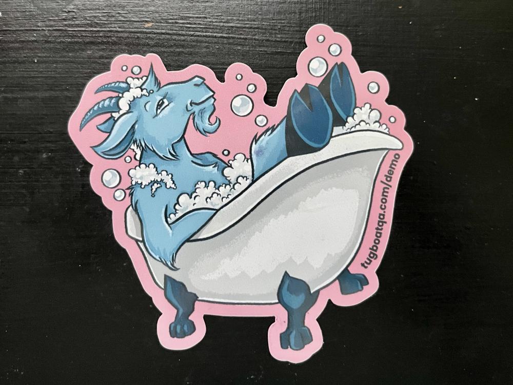 Cartoon goat relaxing in a pink bathtub with bubbles.