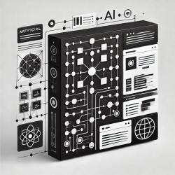 Black-and-white illustration of AI integration with Backdrop CMS, featuring interconnected nodes and abstract content blocks.