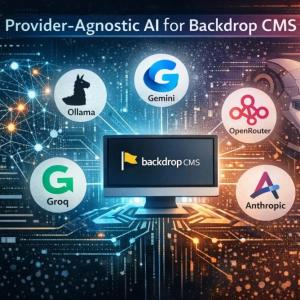 A computer displaying "backdrop CMS" surrounded by AI logos and a robotic figure.